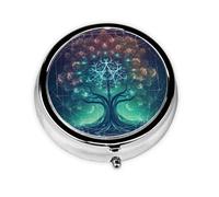 Pill Case with Mirror Retro 3 Compartment Pill Box Digital Futuristic Tree of Life Icon with Space Small Pill Organizer for Purse or Pocket Decorative Metal Medicine Vitamin Organizer Unique Gifts