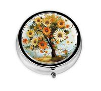 Pill Case with Mirror Retro 3 Compartment Pill Box Floral Tree with Daisies Sunflowers Butterflies Small Pill Organizer for Purse or Pocket Decorative Metal Medicine Vitamin Organizer Unique Gifts