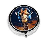 Pill Case with Mirror Retro 3 Compartment Pill Box Giraffe Wearing Headphones Small Pill Organizer for Purse or Pocket Decorative Metal Medicine Vitamin Organizer Unique Gifts