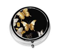 Pill Case with Mirror Retro 3 Compartment Pill Box Gold White Butterflies Black Small Pill Organizer for Purse or Pocket Decorative Metal Medicine Vitamin Organizer Unique Gifts