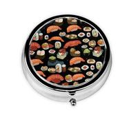 Pill Case with Mirror Retro 3 Compartment Pill Box Japanese Sushi Black Small Pill Organizer for Purse or Pocket Decorative Metal Medicine Vitamin Organizer Unique Gifts