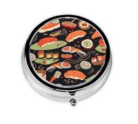 Pill Case with Mirror Retro 3 Compartment Pill Box Japanese Sushi Shrimp Small Pill Organizer for Purse or Pocket Decorative Metal Medicine Vitamin Organizer Unique Gifts