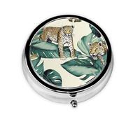 Pill Case with Mirror Retro 3 Compartment Pill Box Leopard and Palm Leaves Small Pill Organizer for Purse or Pocket Decorative Metal Medicine Vitamin Organizer Unique Gifts