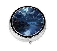 Pill Case with Mirror Retro 3 Compartment Pill Box Moonlit Night Small Pill Organizer for Purse or Pocket Decorative Metal Medicine Vitamin Organizer Unique Gifts