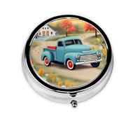 Pill Case with Mirror Retro 3 Compartment Pill Box Pickup Truck Small Pill Organizer for Purse or Pocket Decorative Metal Medicine Vitamin Organizer Unique Gifts