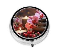 Pill Case with Mirror Retro 3 Compartment Pill Box Pink Orchid Stone Red Candles Small Pill Organizer for Purse or Pocket Decorative Metal Medicine Vitamin Organizer Unique Gifts