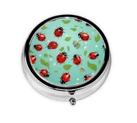 Pill Case with Mirror Retro 3 Compartment Pill Box Red Ladybugs On A Blue Background Small Pill Organizer for Purse or Pocket Decorative Metal Medicine Vitamin Organizer Unique Gifts
