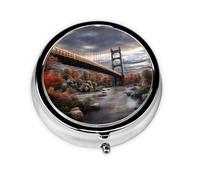 Pill Case with Mirror Retro 3 Compartment Pill Box Scenery Bridge Small Pill Organizer for Purse or Pocket Decorative Metal Medicine Vitamin Organizer Unique Gifts