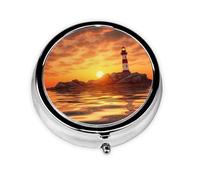 Pill Case with Mirror Retro 3 Compartment Pill Box Sea Lighthouse in Sunset Small Pill Organizer for Purse or Pocket Decorative Metal Medicine Vitamin Organizer Unique Gifts