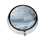 Pill Case with Mirror Retro 3 Compartment Pill Box Snow and Frosted Tree Small Pill Organizer for Purse or Pocket Decorative Metal Medicine Vitamin Organizer Unique Gifts