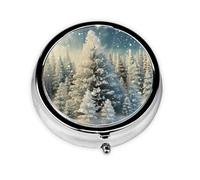 Pill Case with Mirror Retro 3 Compartment Pill Box Snow Wonderland Pine Tree Christmas Small Pill Organizer for Purse or Pocket Decorative Metal Medicine Vitamin Organizer Unique Gifts