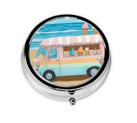 Pill Case with Mirror Retro 3 Compartment Pill Box Summer Beach Ice Cream Truck Small Pill Organizer for Purse or Pocket Decorative Metal Medicine Vitamin Organizer Unique Gifts