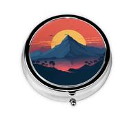 Pill Case with Mirror Retro 3 Compartment Pill Box Sunset and Mountain top Small Pill Organizer for Purse or Pocket Decorative Metal Medicine Vitamin Organizer Unique Gifts