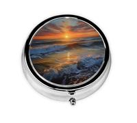 Pill Case with Mirror Retro 3 Compartment Pill Box Sunset Seascape Small Pill Organizer for Purse or Pocket Decorative Metal Medicine Vitamin Organizer Unique Gifts