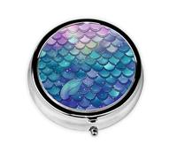 Pill Case with Mirror Retro 3 Compartment Pill Box Water Lily Mermaid Scales Small Pill Organizer for Purse or Pocket Decorative Metal Medicine Vitamin Organizer Unique Gifts