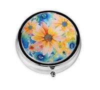 Pill Case with Mirror Retro 3 Compartment Pill Box Watercolor Floral Pattern on tie dye Small Pill Organizer for Purse or Pocket Decorative Metal Medicine Vitamin Organizer Unique Gifts