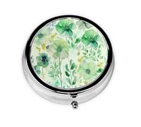 Pill Case with Mirror Retro 3 Compartment Pill Box Watercolor Green Flowers Small Pill Organizer for Purse or Pocket Decorative Metal Medicine Vitamin Organizer Unique Gifts