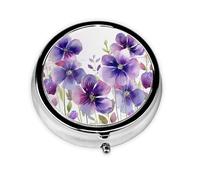 Pill Case with Mirror Retro 3 Compartment Pill Box Watercolor Purple Flowers Small Pill Organizer for Purse or Pocket Decorative Metal Medicine Vitamin Organizer Unique Gifts