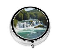 Pill Case with Mirror Retro 3 Compartment Pill Box Waterfalls on Krka River Small Pill Organizer for Purse or Pocket Decorative Metal Medicine Vitamin Organizer Unique Gifts