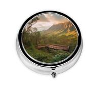 Pill Case with Mirror Retro 3 Compartment Pill Box Wilderness Park Small Pill Organizer for Purse or Pocket Decorative Metal Medicine Vitamin Organizer Unique Gifts