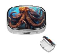 Pill Case with Retro Mirror 2 Compartments Large Octopus Pill Organizer for Wallet or Pocket Decorative Metal Medicine Vitamin Unique Gifts