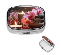 Pill Case with Retro Mirror 2 Compartments Pill Box Pink Orchid Red Small Pill Organizer Candles for Wallet or Pocket Decorative Metal Organizer