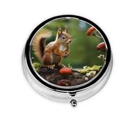 Pill Case with Retro Mirror 3 Compartments Red Pill Box with Red Squirrel on Small Green Small Pill Organizer for Wallet or Pocket Decorative Pill Organizer