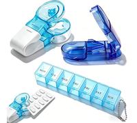 Pill Cutter and Blister Pack Opener with Rectangular Weekly Pill Organizer, Portable No-Touch Pill Remover Dispenser, Elderly Daily Medicine Organizer Aid for Vitamins, Tablets (Blue, 1 Set)
