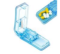 Pill Cutter, Portable Tablet Cutter with Blade and Storage Compartment 2-in-1 Pill Splitter Pill Case Half Quarter for Small or Large Pills Transparent Blue Storage Compartment