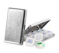 Pill Organizer 7 Days 8 Compartments, Travel Metal Pill Box, BPA-Free Portable Pill Box (Pattern Silver, Large)