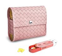 Pill Organizer,Czzmy Weekly Travel Pill Case Box Medication Reminder Daily AM PM, Day Night 7 Compartments,for 4 Times A Day, 7 Days a Week-Includes Leather PU Carrying Case(1-Woven Pink)