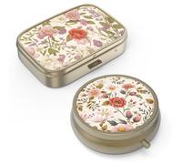Pill Organizer Pill Box with Mirror Retro Small Pill Case for Purse or Pocket Bronze Pill Box or Vitamins, Fish Oil, Supplements, Pill Containe Travel Gifts(2PCS-Retro Red Flowers)