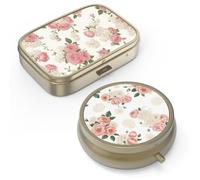 Pill Organizer Pill Box with Mirror Retro Small Pill Case for Purse or Pocket Bronze Pill Box or Vitamins, Fish Oil, Supplements, Pill Containe Travel Gifts（2PCS-Retro Pink Floral）
