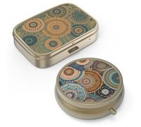 Pill Organizer Pill Box with Mirror Retro Small Pill Case for Purse or Pocket Bronze Pill Box or Vitamins, Fish Oil, Supplements, Pill Containe Travel Gifts（2PCS-Retro Mandala）