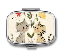 Pill Organizer, Portable Pill Box, Travel 7 Day Pillcase Draw Two Cats Medicine Organizer 2 Compartments Medicine Container for Vitamins, Medications, Fish Oil and Supplements