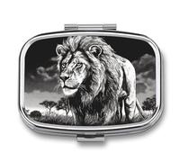 Pill Organizer, Portable Pill Box, Travel 7 Day Pillcase Lion Black and White Illustration Medicine Organizer 2 Compartments Medicine Container for Vitamins, Medications, Fish Oil and Supplements
