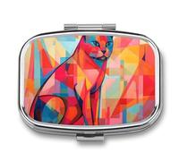 Pill Organizer, Portable Pill Box, Travel 7 Day Pillcase Mid Century Modern Art Cat Medicine Organizer 2 Compartments Medicine Container for Vitamins, Medications, Fish Oil and Supplements