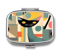 Pill Organizer, Portable Pill Box, Travel 7 Day Pillcase Mid-Century Modern Art Cat Medicine Organizer 2 Compartments Medicine Container for Vitamins, Medications, Fish Oil and Supplements
