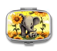 Pill Organizer, Portable Pill Box, Travel 7 Day Pillcase Mother Elephant Sunflowers Medicine Organizer 2 Compartments Medicine Container for Vitamins, Medications, Fish Oil and Supplements