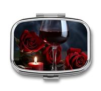 Pill Organizer, Portable Pill Box, Travel 7 Day Pillcase Red Wine Rose and Candle Medicine Organizer 2 Compartments Medicine Container for Vitamins, Medications, Fish Oil and Supplements