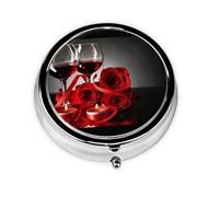 Pill Organizer,Red Rose and Wine Romantic Lovers Round Pill Box 3 Compartment Decorative Pocket Purse Portable Mini Travel Medicine Tablet Vitamin Holder Organizer Pill Case