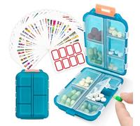 Pill Organizer with Medicine Labels, 10 Compartments Travel Pill Box with Removable Labels, Portable Foldable Supplement Box Holder for Fish Oil Vitamin