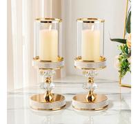 Pillar Candle Holder, 29.2cm Tall Hurricane Stand with Tempered Glass Panels, Gold Crystal Ornaments for Living Room, Centrepiece Table, Wedding, Fireplace, Party (Large, Set of 2)