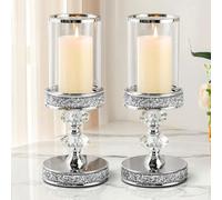 Pillar Candle Holder, 29.2cm Tall Hurricane Stand with Tempered Glass Panels, Silver Crystal Ornaments for Living Room, Centrepiece Table, Wedding, Fireplace, Party (Large, Set of 2)
