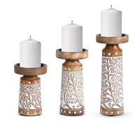 Pillar Candle Holders- Rustic White Hand Carved Mango Wood Candle Holders for Pillar Candles in Home Living Room Kitchen or Table Centerpiece Set of