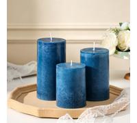 Pillar Candles Set of 3 - Hand-Poured Unscented Pillar Candle, Smokeless Decorative Candle for Home, Candle Decor for Home, Natural Plant Wax, Different Sizes, Blue (4", 5", 6")