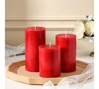 Pillar Candles Set of 3 - Hand-Poured Unscented Pillar Candle, Smokeless Decorative Candle for Wedding Home Decor, Candle Gifts for Women, Natural Plant Wax, Different Sizes, Red (4", 5", 6")