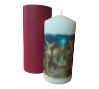 Pillar unscented Wax Candle A Timeless Tribute to The Birth of Christ - Blue -The Nativity Candle with Wine Red Gift Box Edition