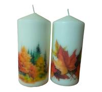 Pillar unscented Wax Candle Set of Two Autumn Bliss Leaves Forest Decoration Hand Decorated Relax Meditation Home Decor