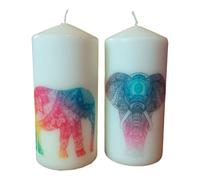 Pillar unscented Wax Candle Set of Two Mandala Elephant Yoga Chakra Decoration Hand Decorated Relax Meditation Home Decor